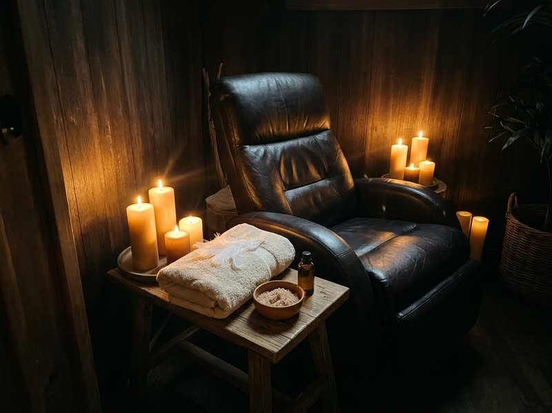 Sillón de masaje de cuero junto a velas encendidas, una toalla con una pluma y un cuenco de exfoliante