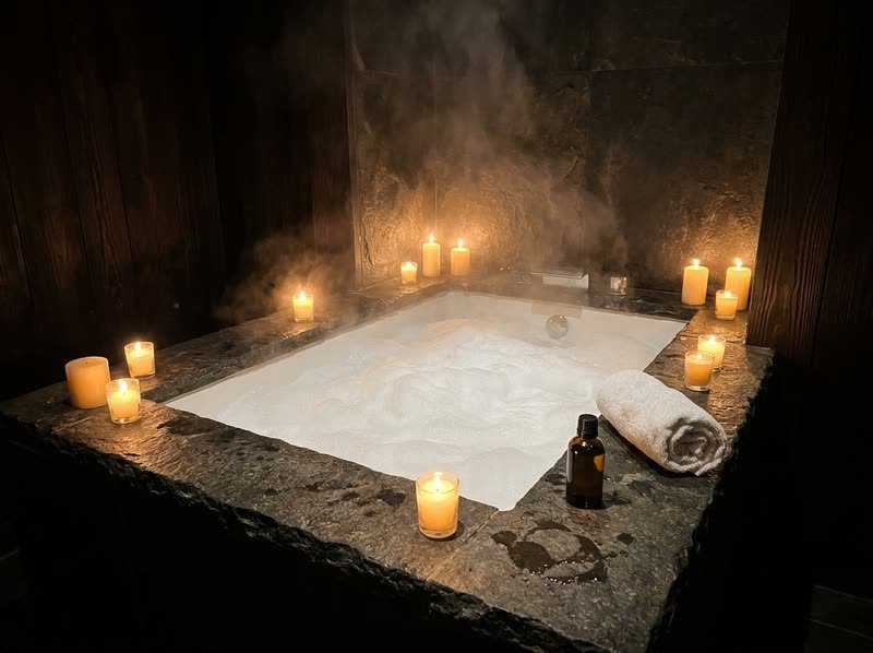 Jacuzzi con espuma rodeado de velas en una sala de piedra oscura