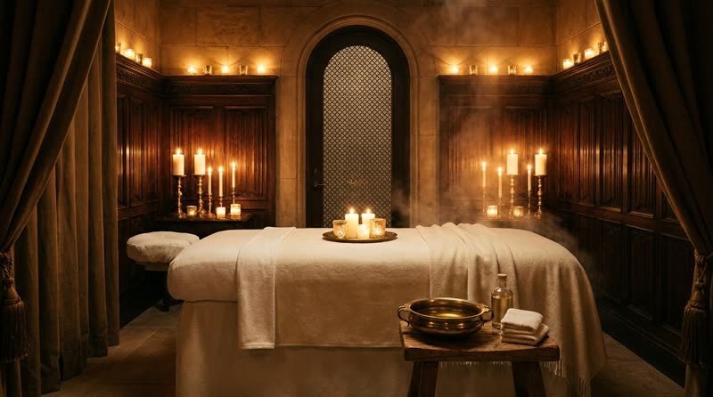 Sala de VIP Temple Spa a la luz de las velas, preparada para un ritual de masaje