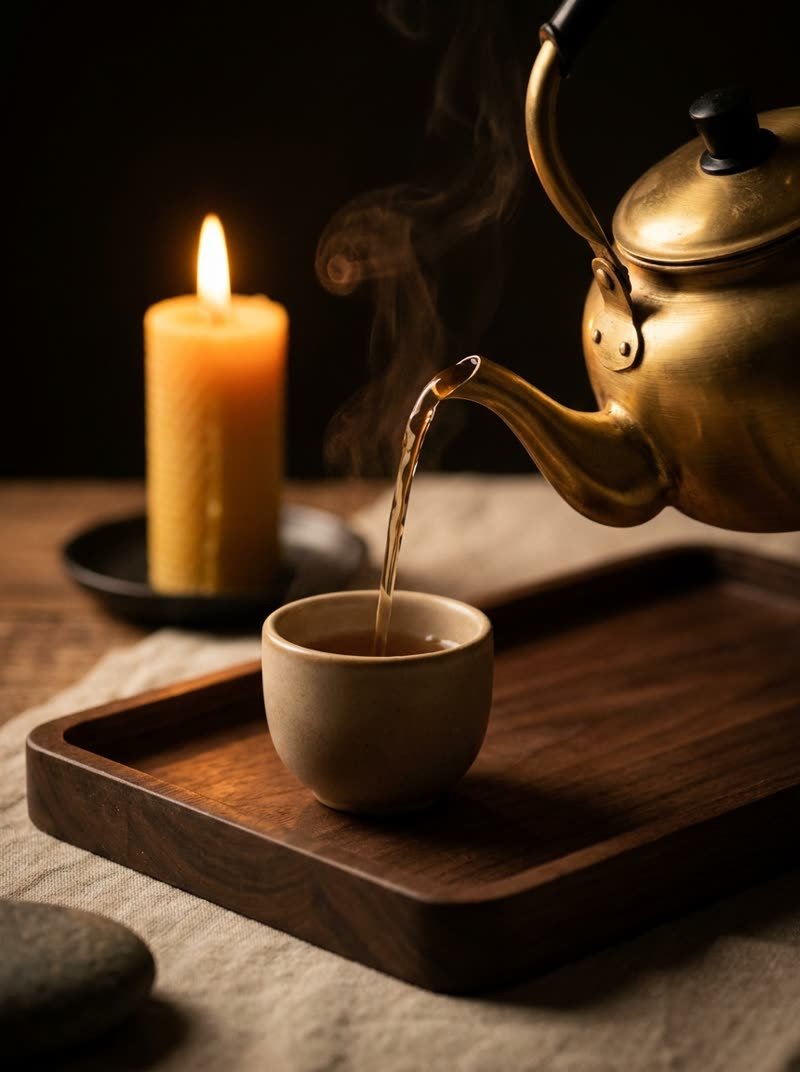 Té caliente servido en una bandeja de madera, a la luz de una vela